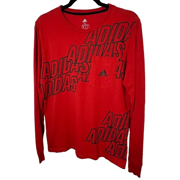 Adidas T Shirt Boys Sz XL Red Warped Wrap Graphic Print Logo Chest Pocket Casual - Picture 1 of 11